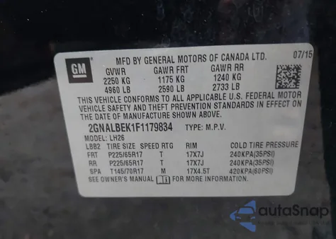 2015 Chevrolet Equinox 1Lt z USA, uszkodzony, nr VIN 2GNALBEK1F1179834